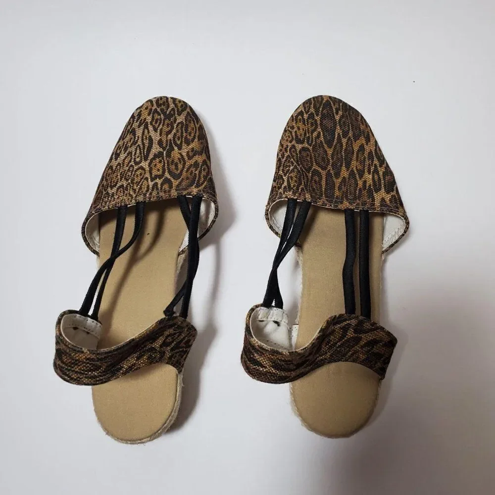 Chico's Janice Canvas Leopard Cheetah Print Slingback Espadrille Wedge Sandals
